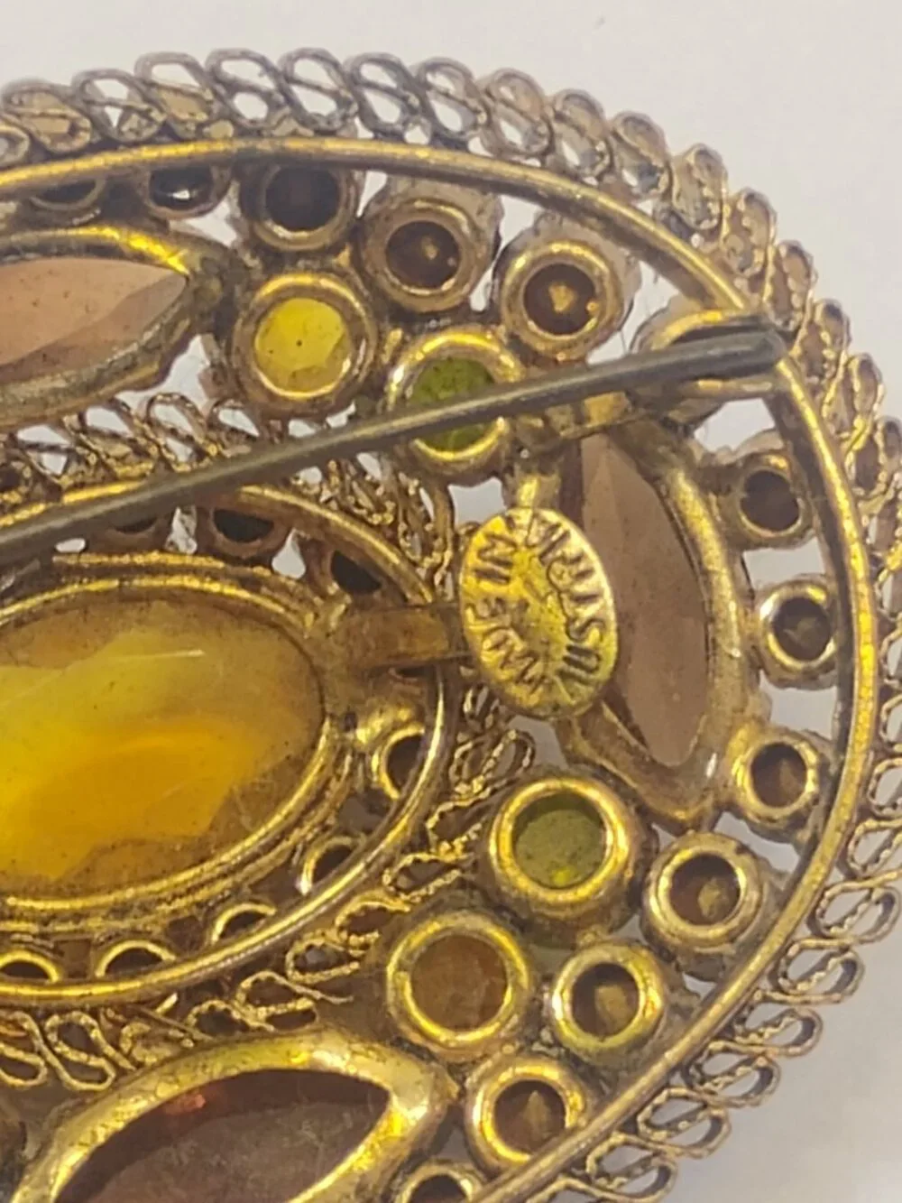 Vintage Brooch Pin SIGNED AUSTRIA Glass Rhinestone Gold tone Retro Jewelry